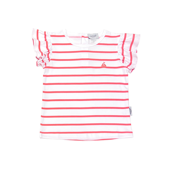 Flutter Sleeve Pima Play Tee-Coral/White Stripe