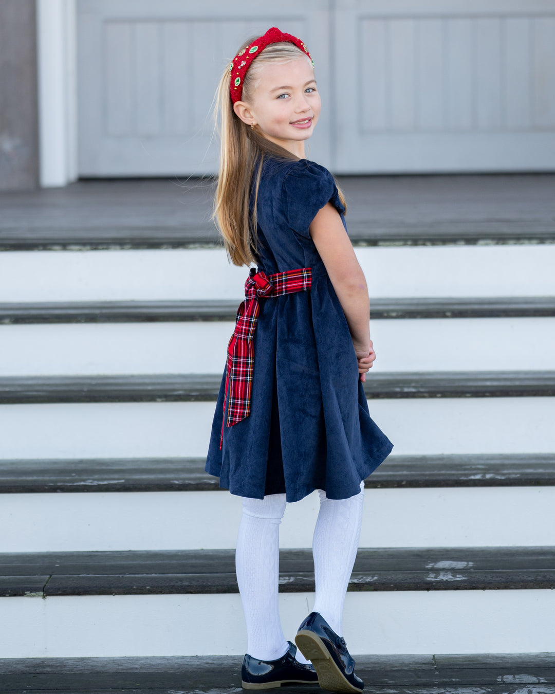 Elyse Dress with Royal Stewart Tartan Sash
