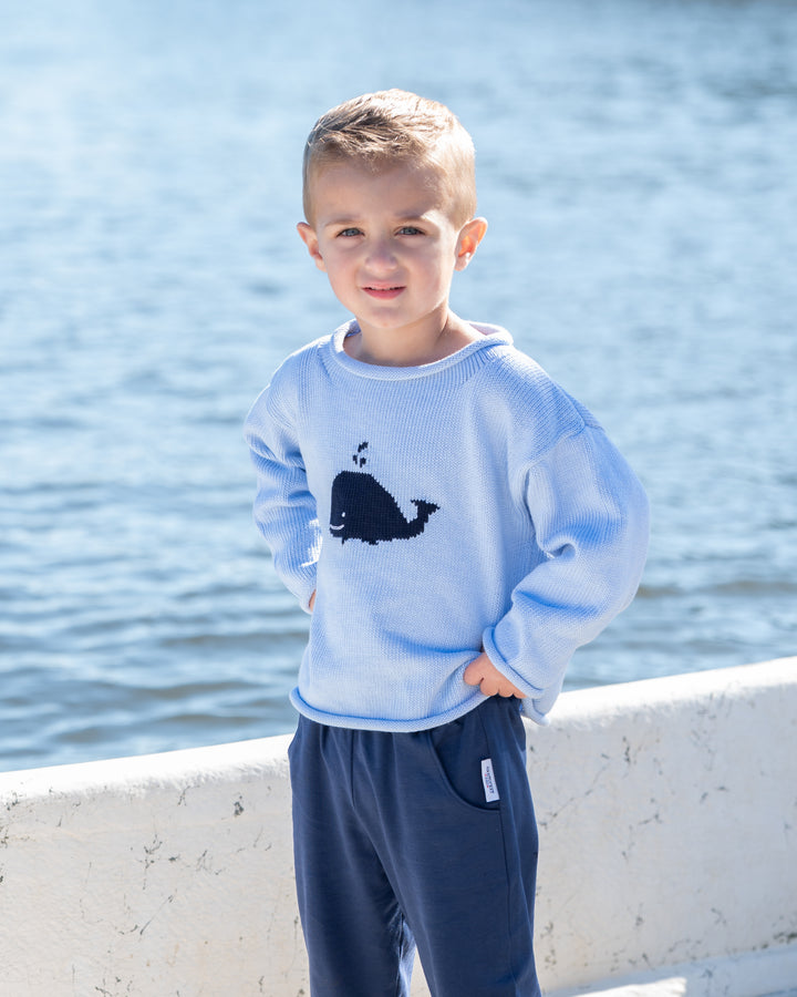 Whale Watch Roll Neck Sweater-Blue