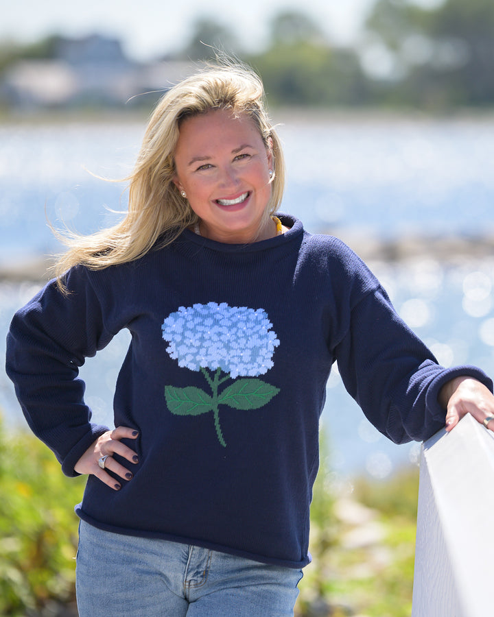 Women's Hydrangea Roll Neck Sweater-Navy