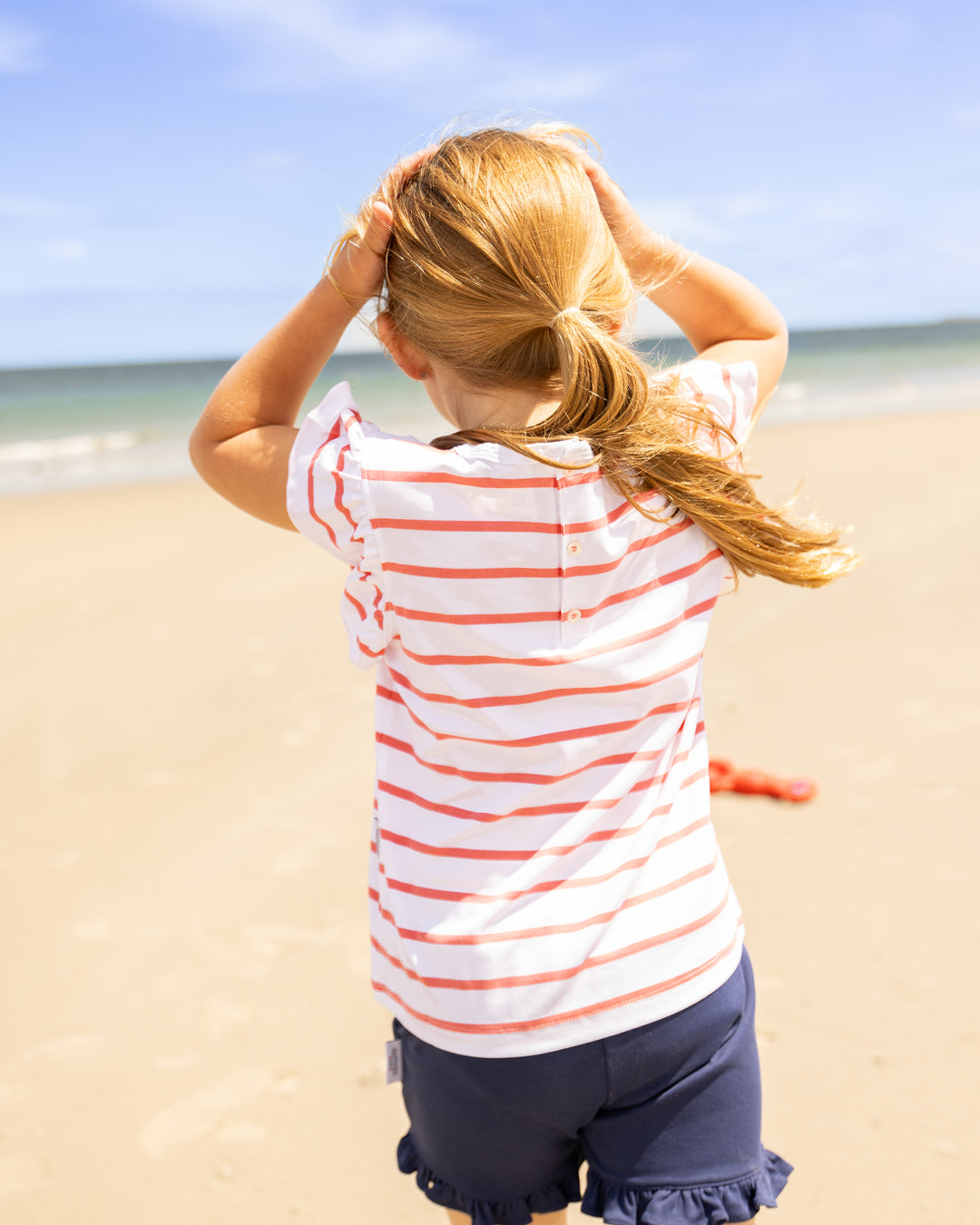 Flutter Sleeve Pima Play Tee-Coral/White Stripe