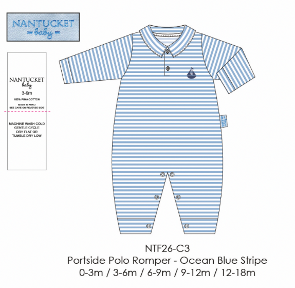 Portside Polo Romper - Ocean Blue Stripe