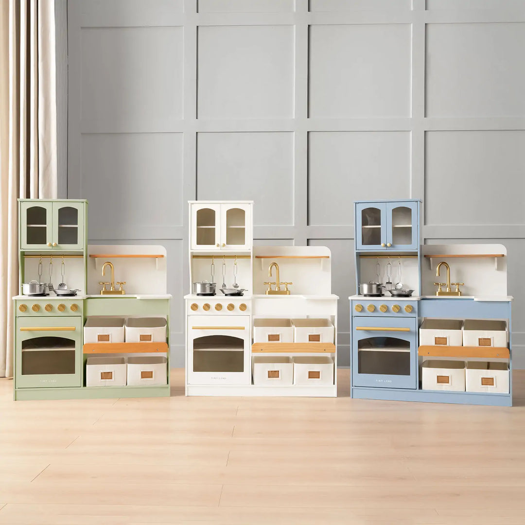 Tiny Land® Pretend Play Kitchen for Kids - Serenity Wooden Kitchen – Blue