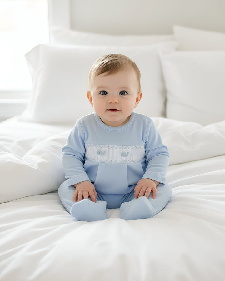 Whale Watch Smocked Footed Romper-Chatham Bars Blue