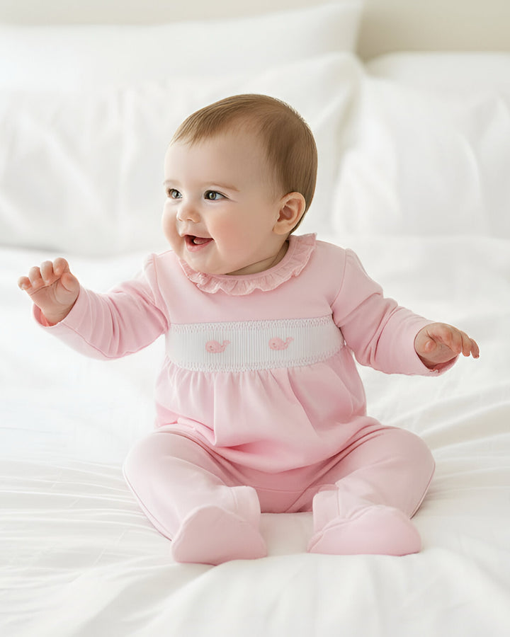 Whale Watch Smocked Footed Romper-Peony