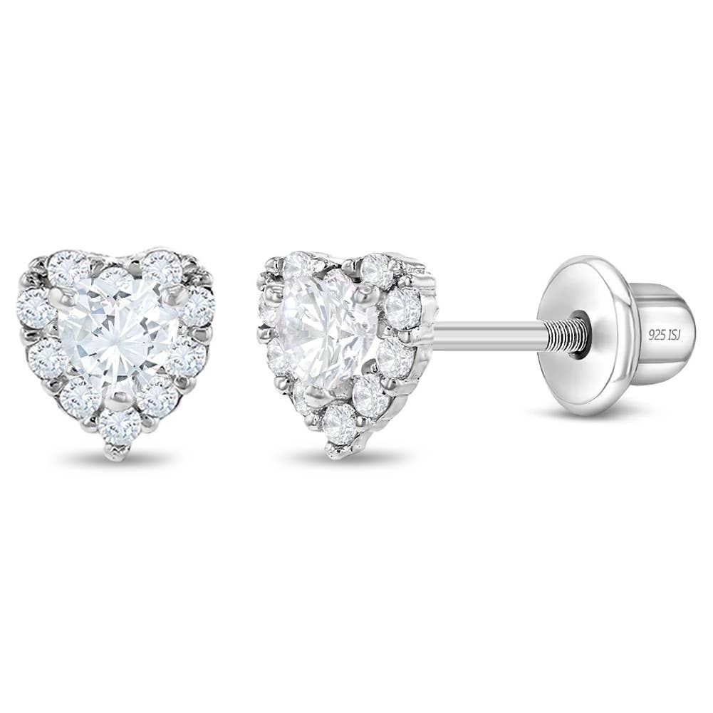 Princess Heart CZ Baby / Toddler Earrings - Sterling Silver: Pink