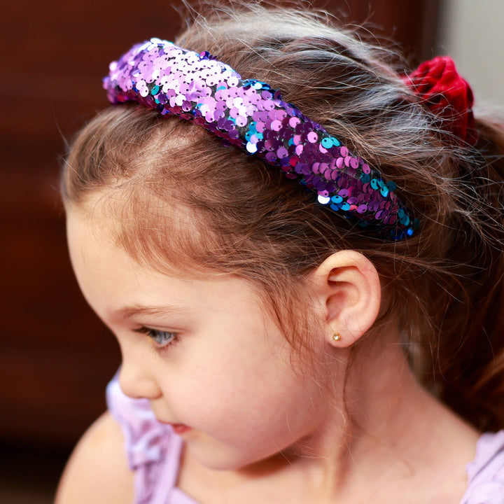 Reversible Sequin Headband - Kids Padded Hair Band: Teal/Purple