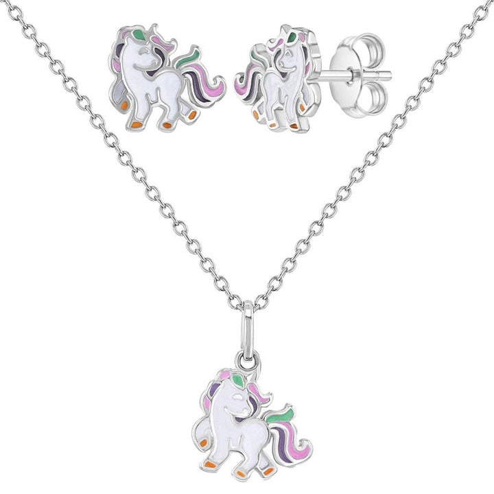 Fancy Galloping Unicorn Girls Jewelry Set - Sterling Silver