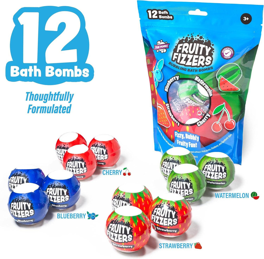 Tub Works® Fruity Fizzers™ Bubbling Bath Bombs for Kids, Variety 12 Pack | Dye-Free & Naturally-Derived