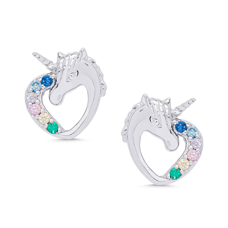 CZ Heart Unicorn Stud Earrings in Sterling Silver
