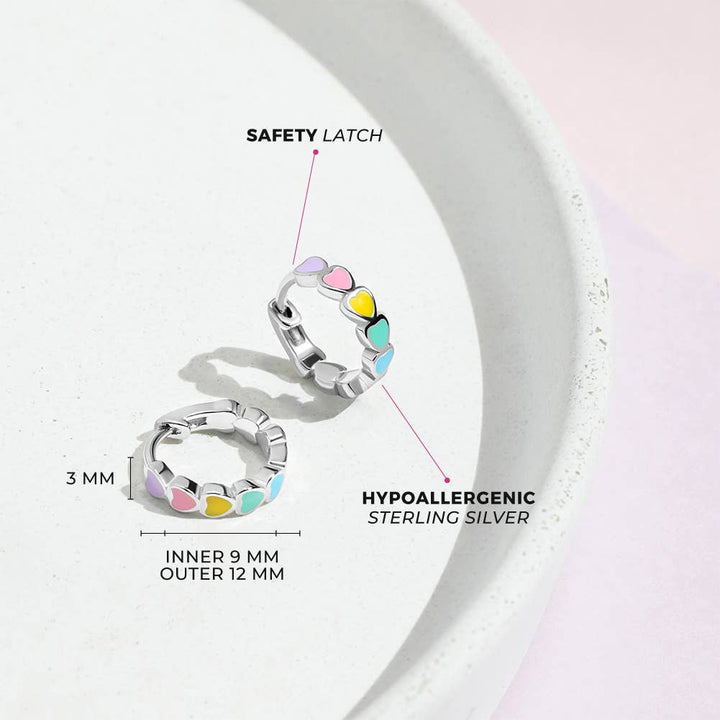 Heart 9mm Baby / Kids Earrings Hoop Enamel - Sterling Silver: Multicolor