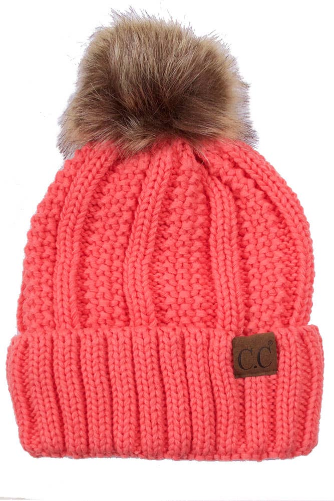 C.C Knit Beanie With Fuzzy Lining and Pom Winter Hat: Beige