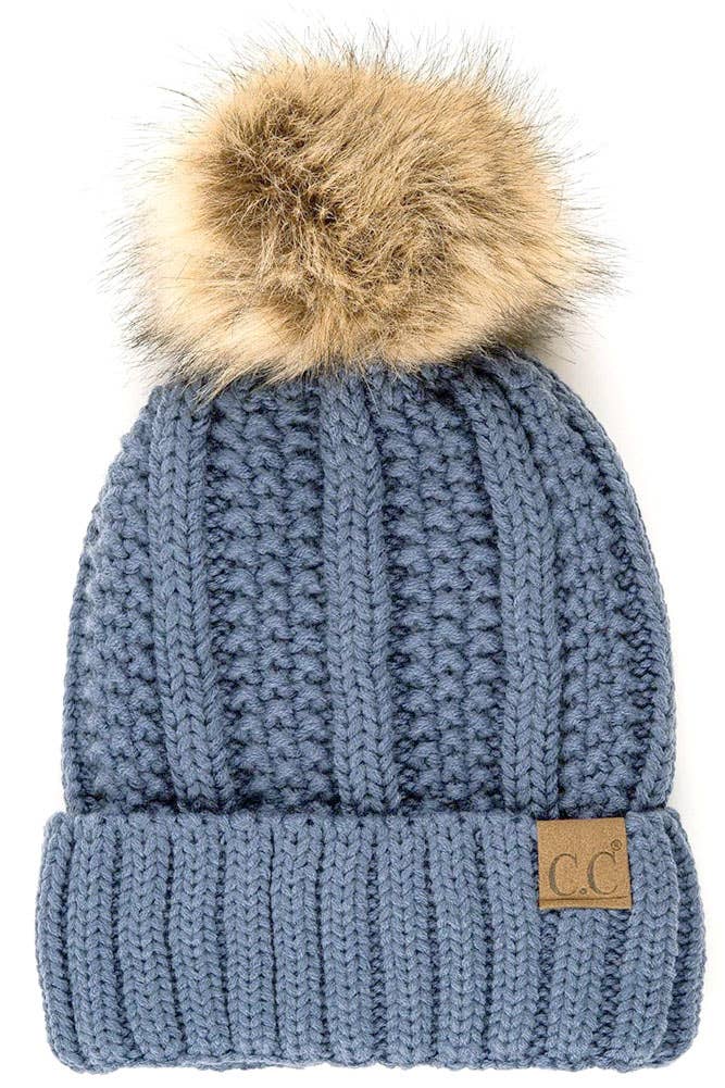 C.C Knit Beanie With Fuzzy Lining and Pom Winter Hat: Beige