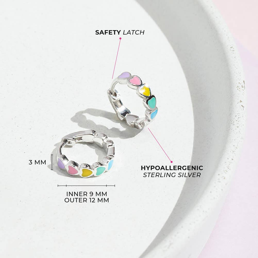 Heart 9mm Baby / Kids Earrings Hoop Enamel - Sterling Silver: Multicolor