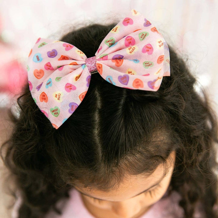 Candy Hearts Valentine's Day Tulle Bow Clip - Kids Hair Clip