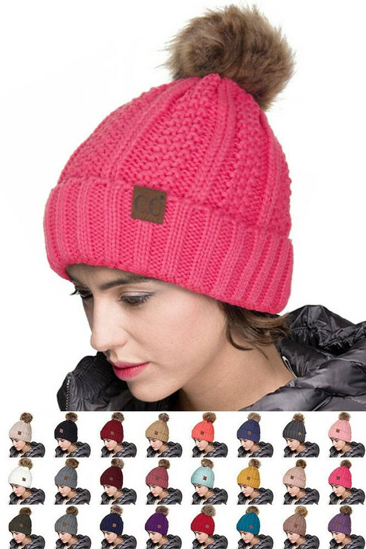 C.C Knit Beanie With Fuzzy Lining and Pom Winter Hat: Beige