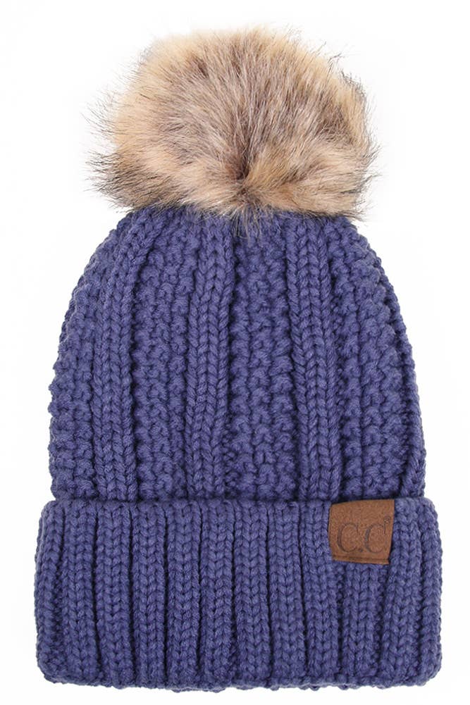 C.C Knit Beanie With Fuzzy Lining and Pom Winter Hat: Beige
