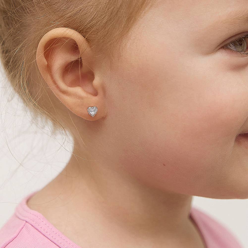 Princess Heart CZ Baby / Toddler Earrings - Sterling Silver: Pink