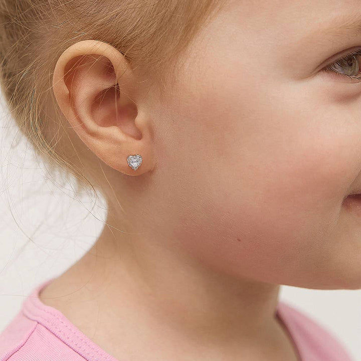 Princess Heart CZ Baby / Toddler Earrings - Sterling Silver: Pink