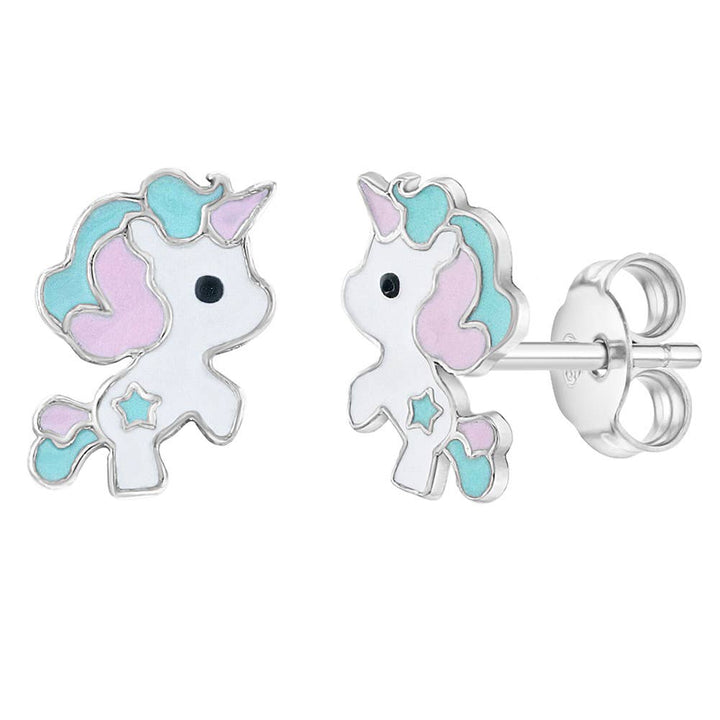 Pastel Enamel Unicorn Kids Girls Earrings - Sterling Silver