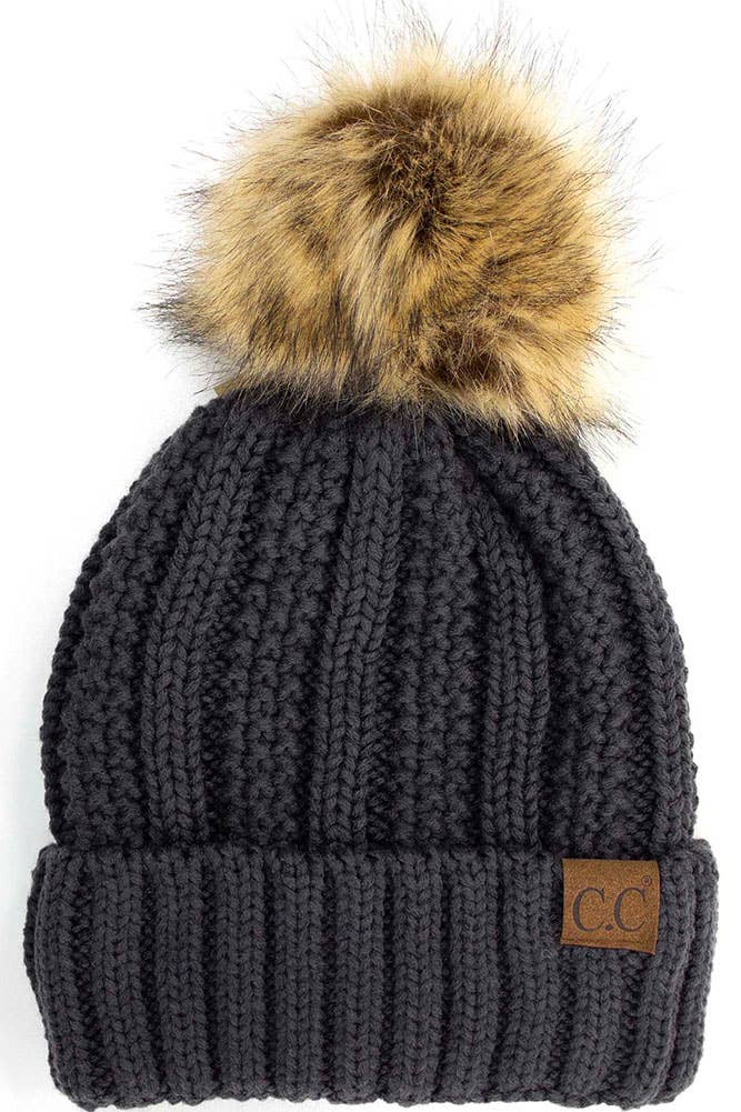 C.C Knit Beanie With Fuzzy Lining and Pom Winter Hat: Beige