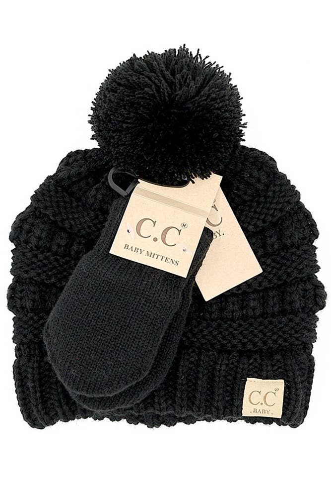 C.C Baby Solid Ribbed Pom Beanie and Mitten Glove: Pale Pink