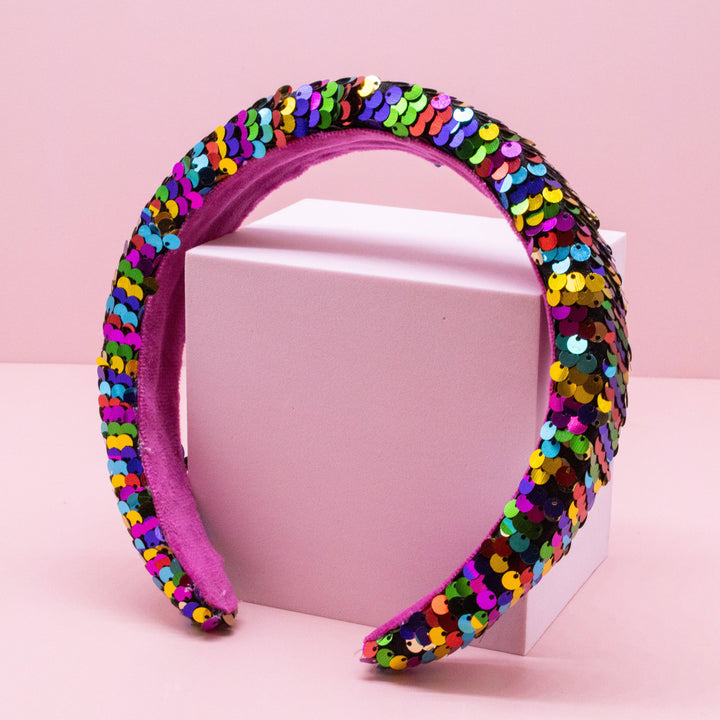 Reversible Sequin Headband - Kids Padded Hair Band: Rainbow/Gold