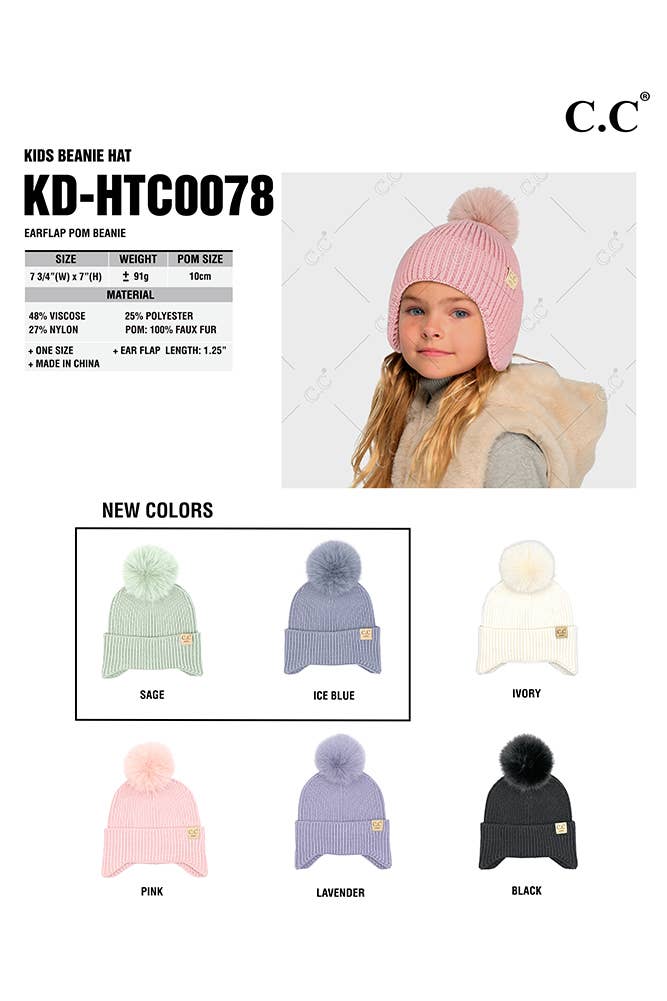 C.C Kids Ear Flap Pom Beanie: Ice Blue