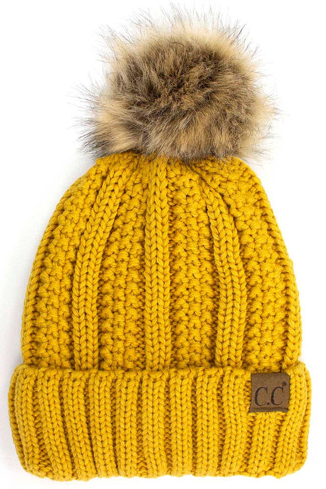 C.C Knit Beanie With Fuzzy Lining and Pom Winter Hat: Beige