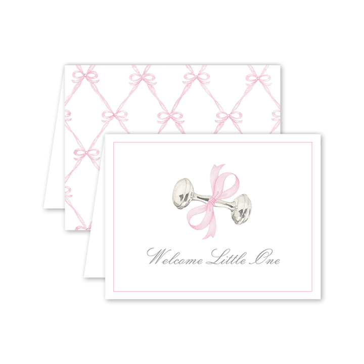 Rattle and Bow Pink Baby Card
