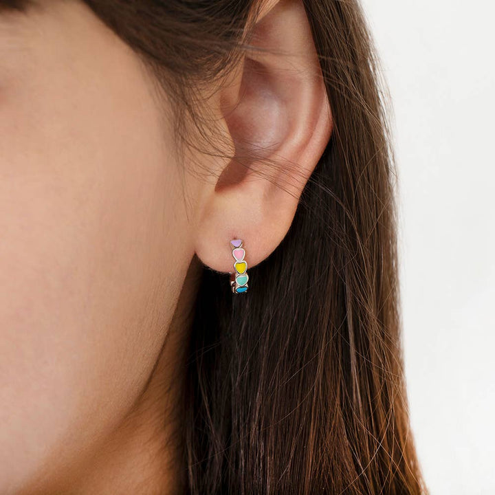 Heart 9mm Baby / Kids Earrings Hoop Enamel - Sterling Silver: Multicolor