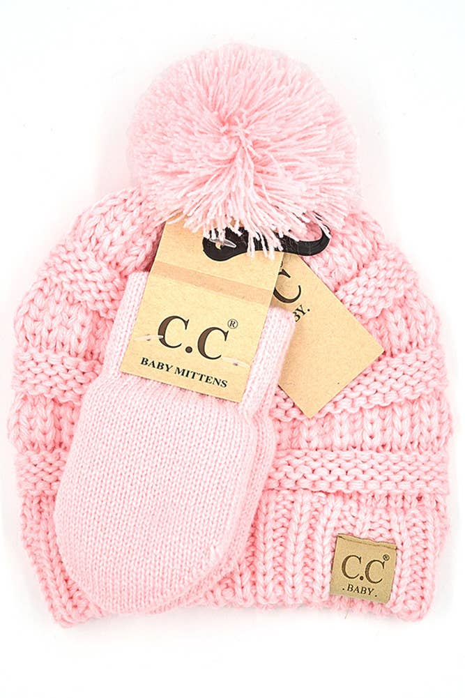 C.C Baby Solid Ribbed Pom Beanie and Mitten Glove: Pale Pink
