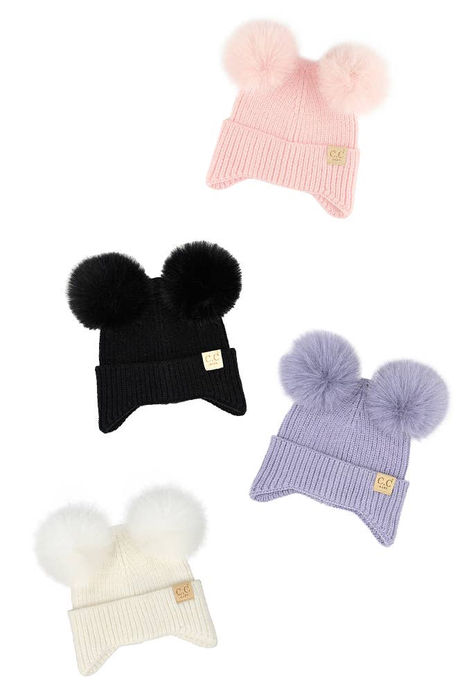 C.C Baby Ear Flap Pom Pom Beanie: Ivory