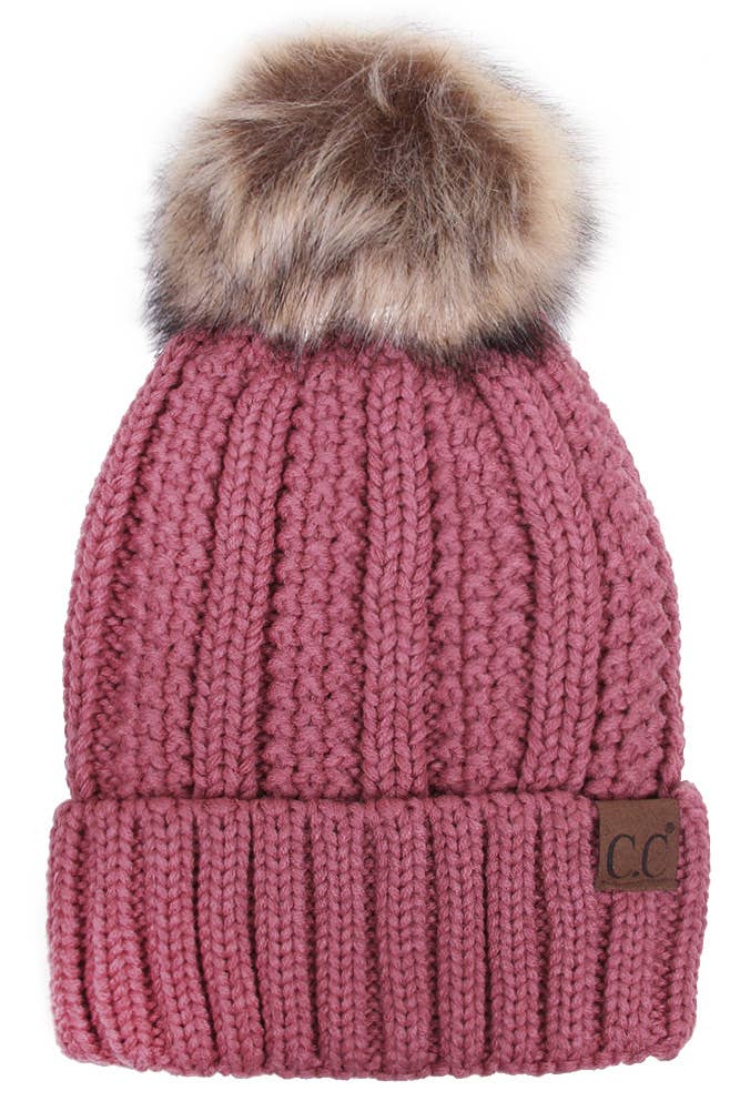 C.C Knit Beanie With Fuzzy Lining and Pom Winter Hat: Beige