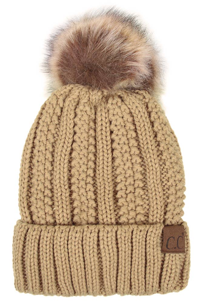 C.C Knit Beanie With Fuzzy Lining and Pom Winter Hat: Beige