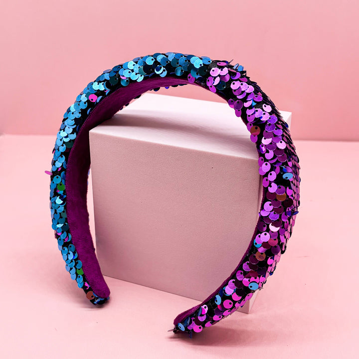 Reversible Sequin Headband - Kids Padded Hair Band: Teal/Purple