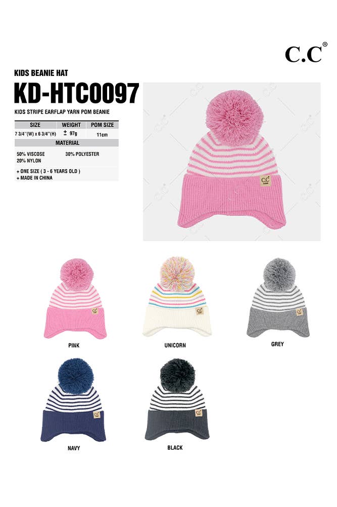 C.C Kids Stripe Earflap Yarn Pom Beanie Winter Hat: Navy
