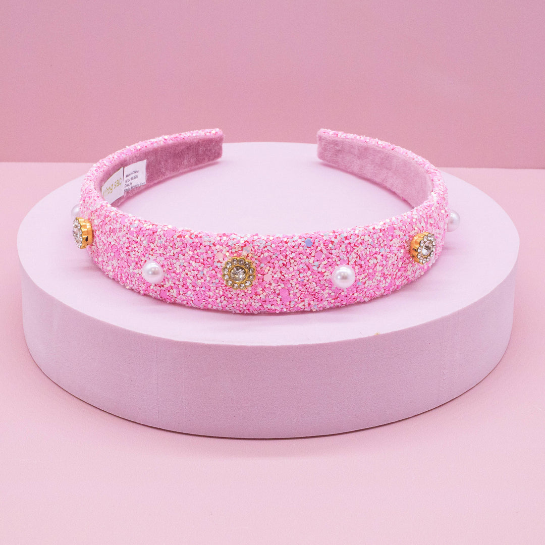 Embellished Glitter Headband (Pearl & Rhinestone Studs)