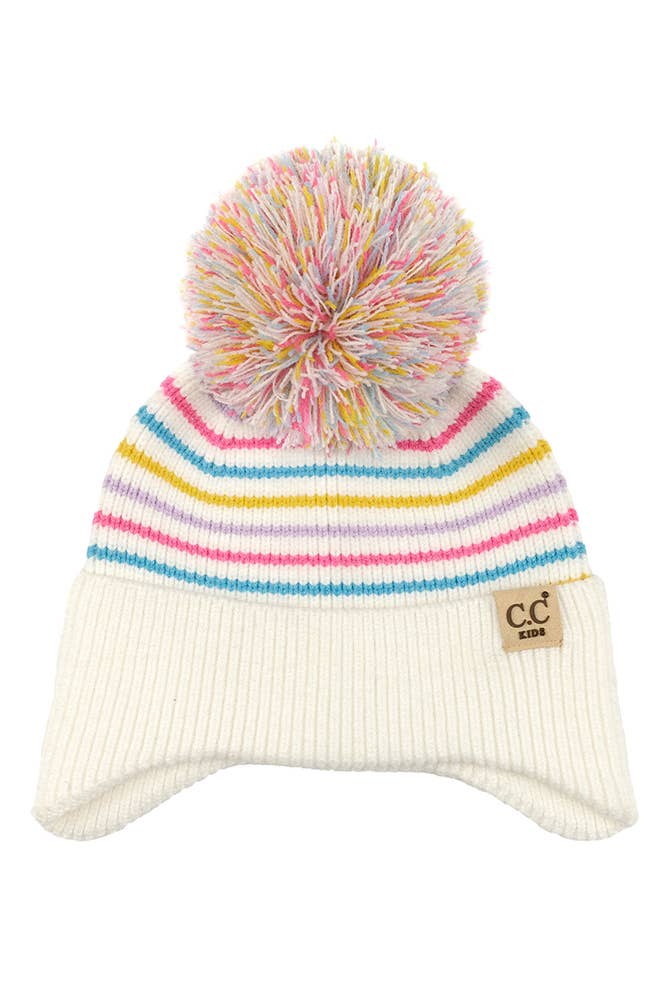 C.C Kids Stripe Earflap Yarn Pom Beanie Winter Hat: Navy