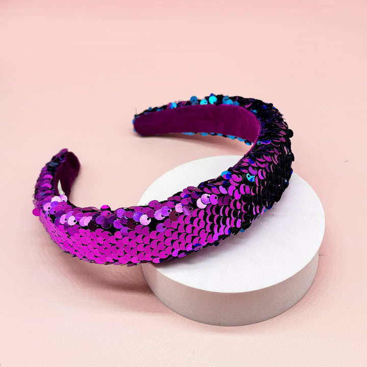 Reversible Sequin Headband - Kids Padded Hair Band: Teal/Purple