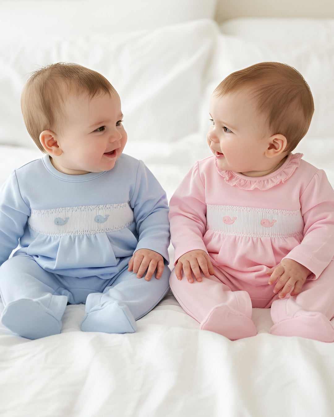 Whale Watch Smocked Footed Romper-Chatham Bars Blue