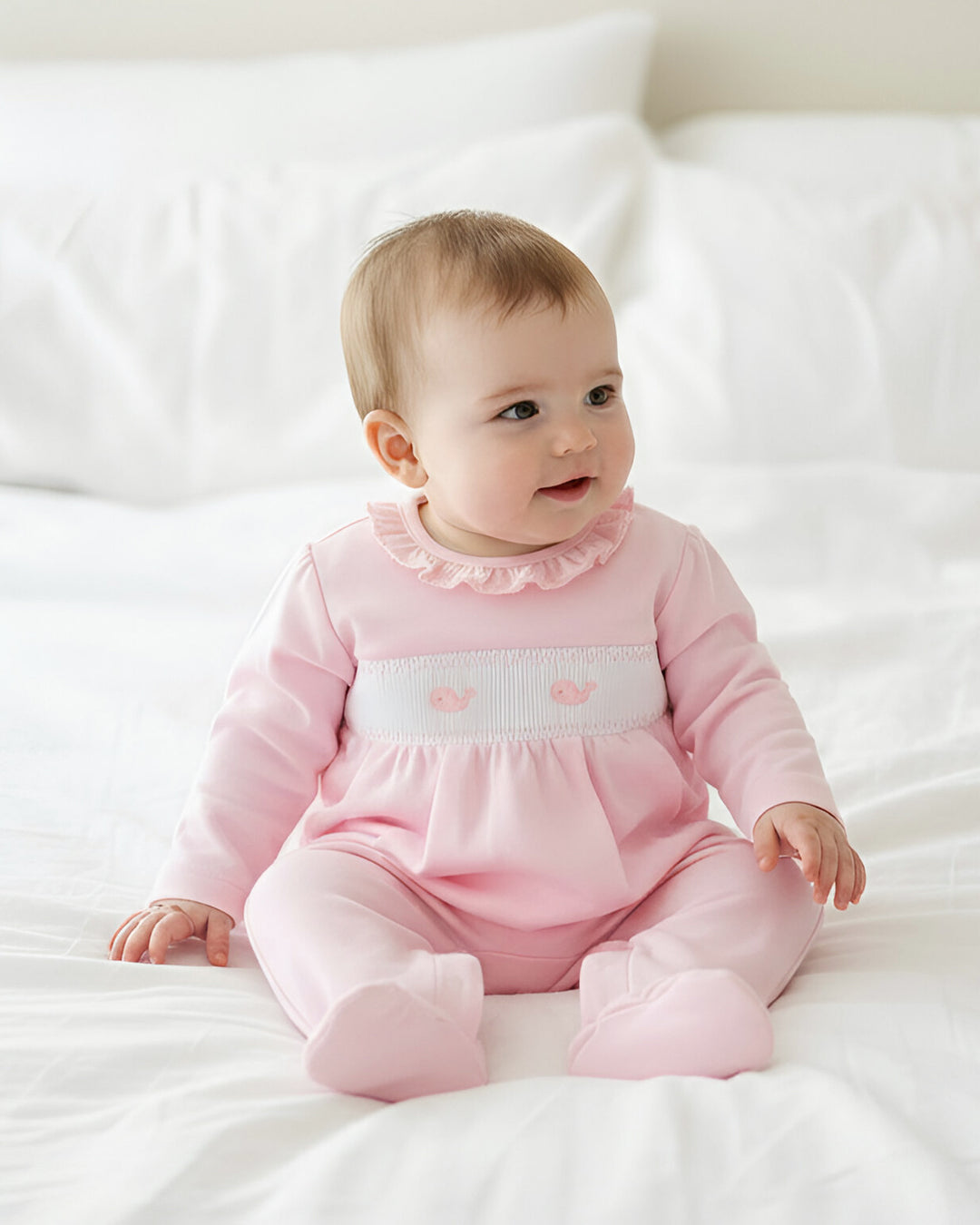 Whale Watch Smocked Footed Romper-Peony