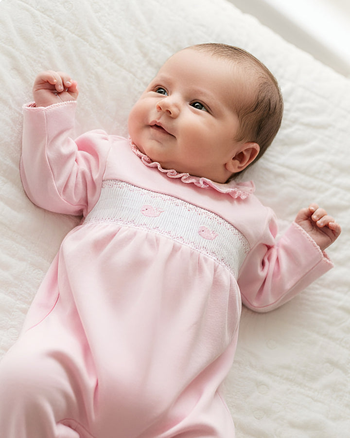 Whale Watch Smocked Footed Romper-Peony