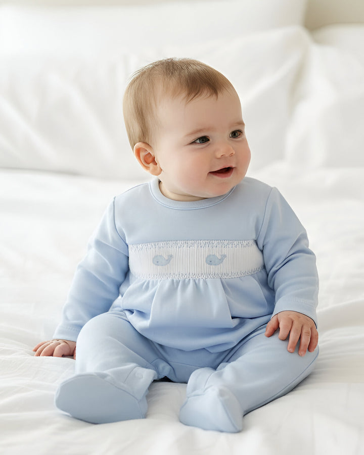 Whale Watch Smocked Footed Romper-Chatham Bars Blue