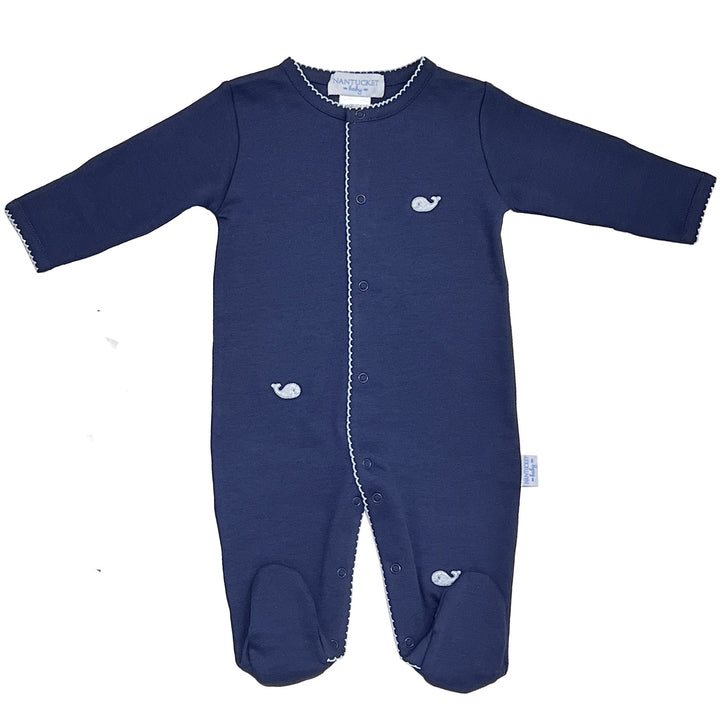 Whale Watch Embroidered Footed Romper-Nautical Navy