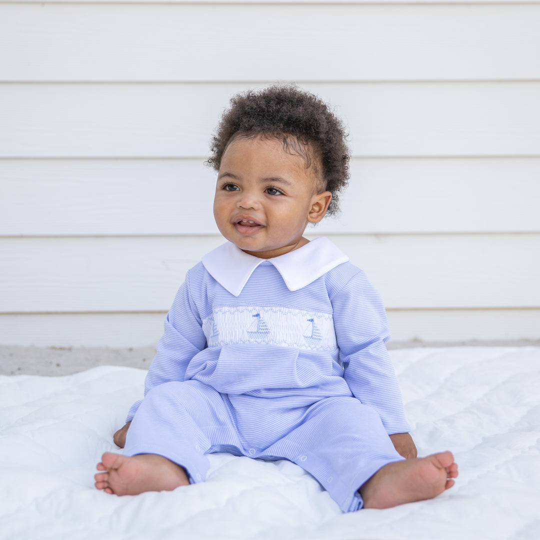 Tradewinds Smocked Pima Romper-Chatham Bars Blue