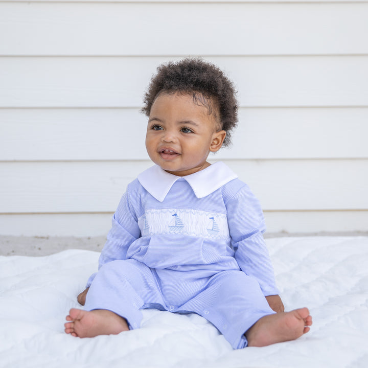 Tradewinds Smocked Pima Romper-Chatham Bars Blue