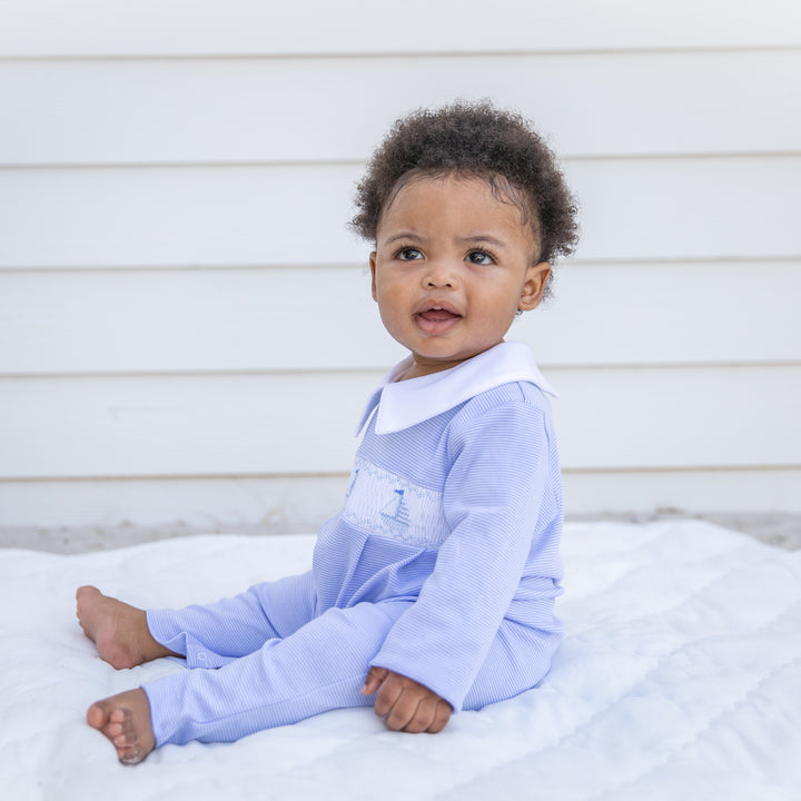 Tradewinds Smocked Pima Romper-Chatham Bars Blue