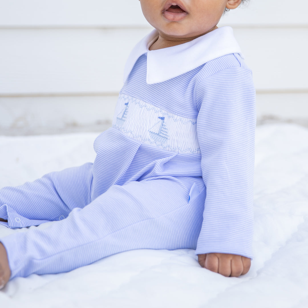 Tradewinds Smocked Pima Romper-Chatham Bars Blue