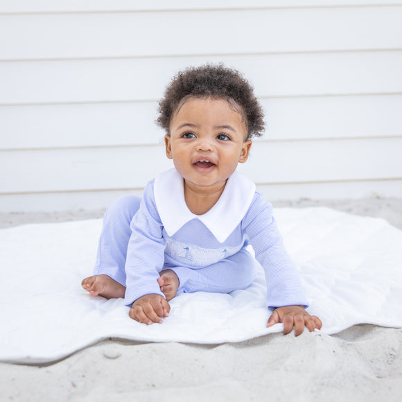 Tradewinds Smocked Pima Romper-Chatham Bars Blue
